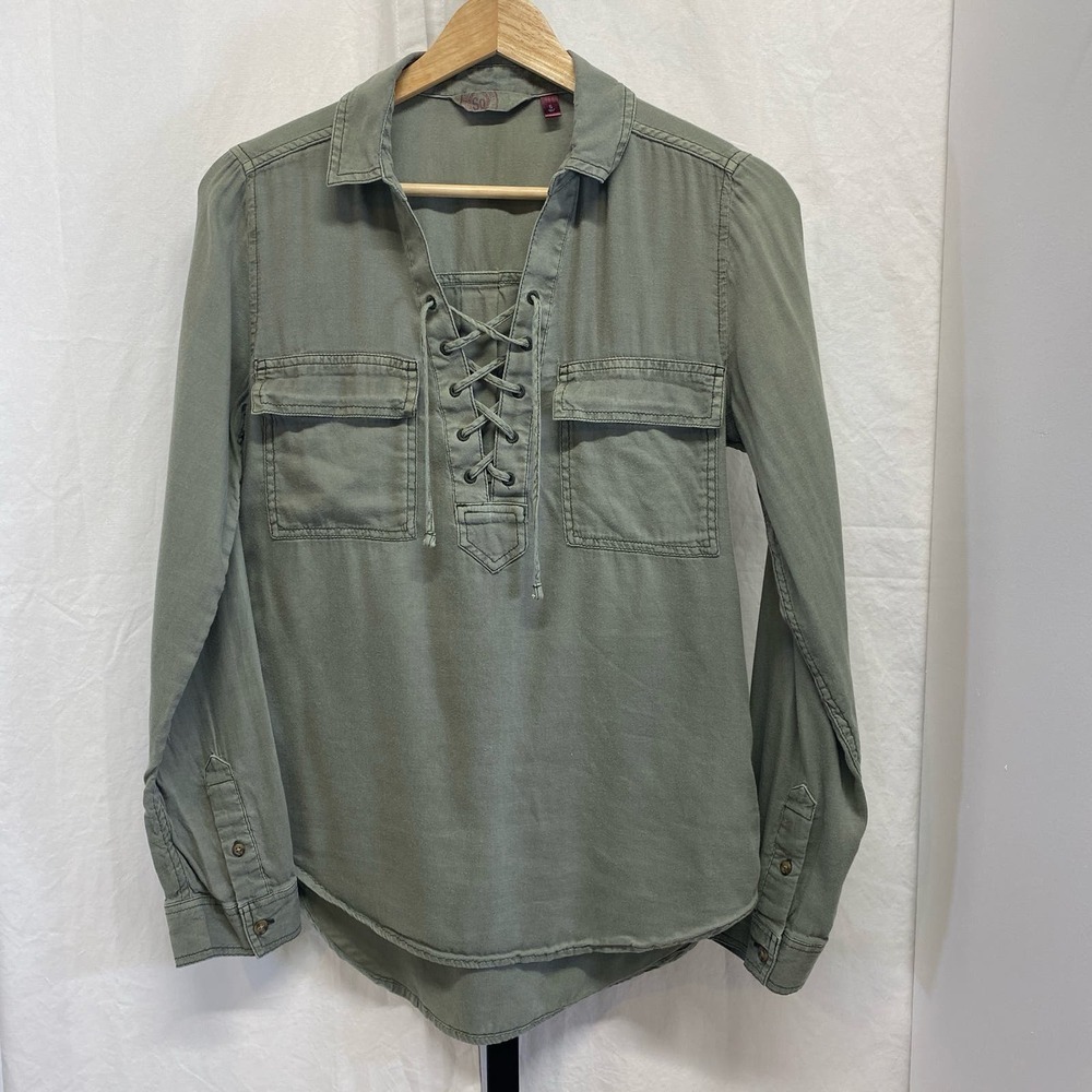 Ultra soft lace-up shirt, Small, Olive green
